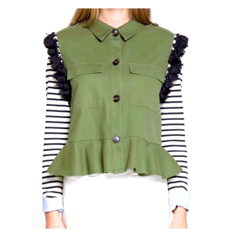 English factory Jacket army green with striped sleeve and black tassels